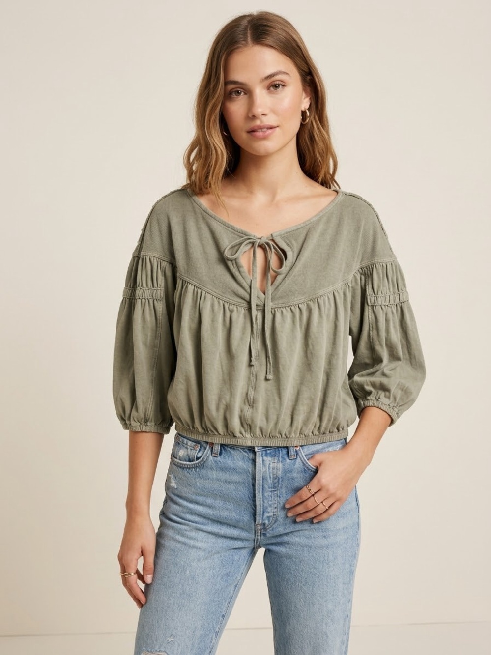 We The Free Olive Tie-Front Peasant Blouse